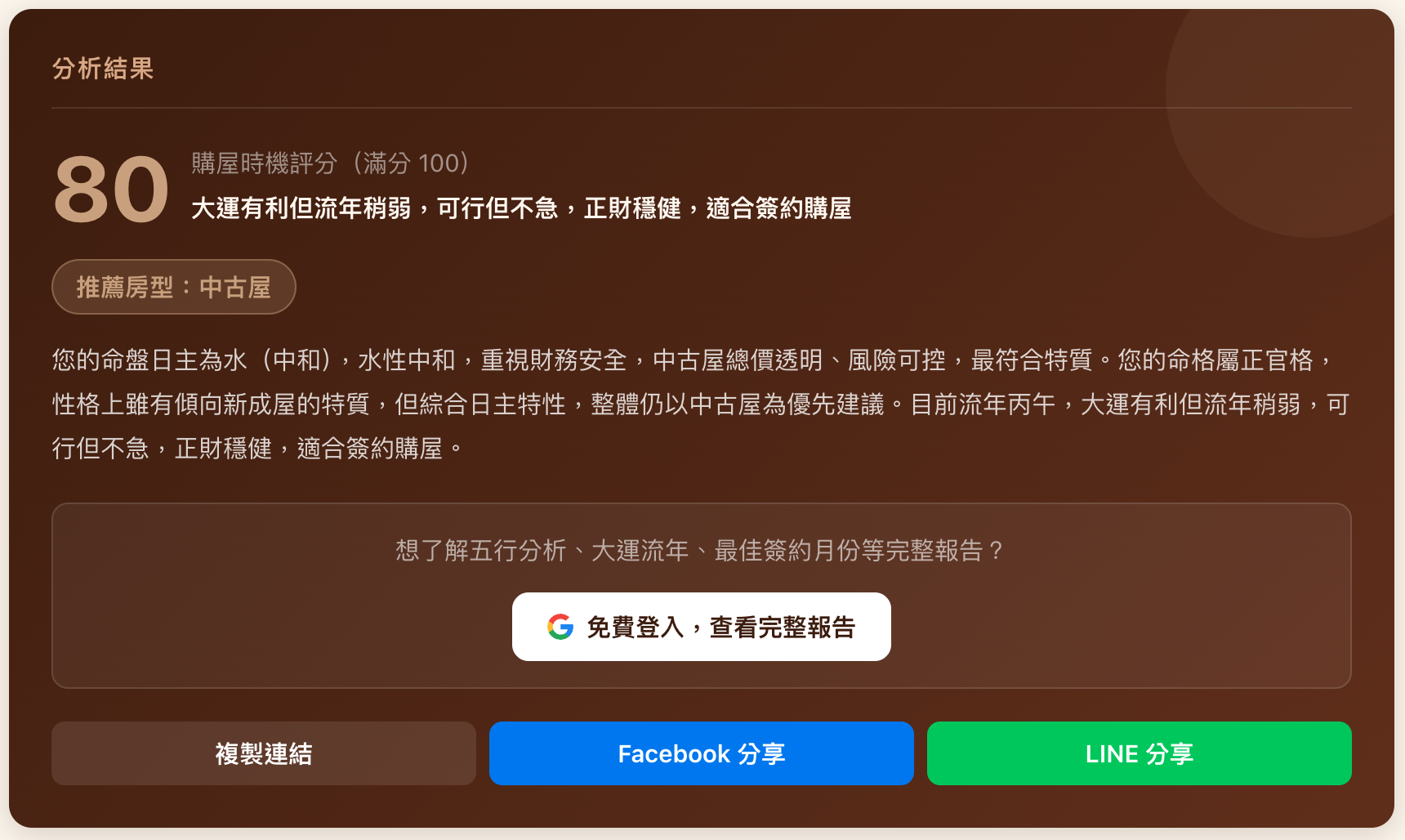 基礎分析結果，包含購屋時機評分、推薦房型標籤與摘要說明