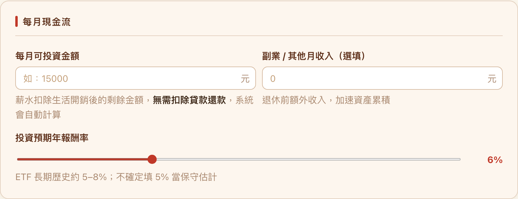 每月現金流輸入卡,含每月可投資金額、副業月收入欄位與投資預期年報酬率滑桿