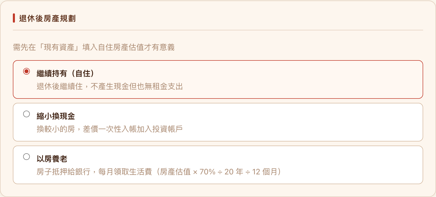 退休後房產規劃卡的三個選項:繼續持有、縮小換現金、以房養老,預設選取繼續持有